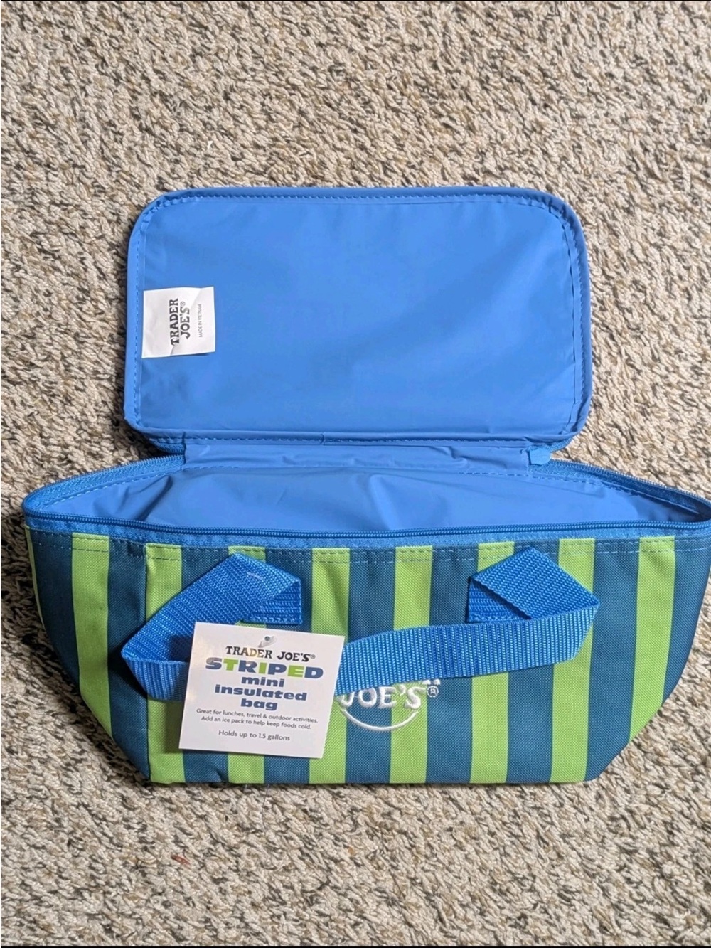 Brand New Trader Joe's Bag Mini Insulated Tote Bag Blue&Green Striped with tags